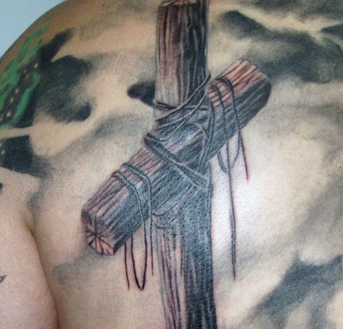 Wooden Cross Optical Illusion Tattoo On Chest